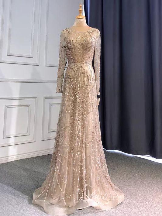 Beaded Champagne Prom Dresses Long Sleeve Evening Dress 20070-Evening Dresses 2025 -Viniodress-Taupe-US 2-