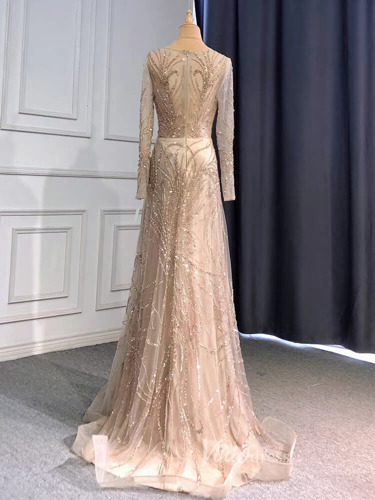 Prom Dress 2025 Beaded Champagne Prom Dresses Long Sleeve Evening Dress 20070-unique prom dresses-Taupe-US 2-Viniodress