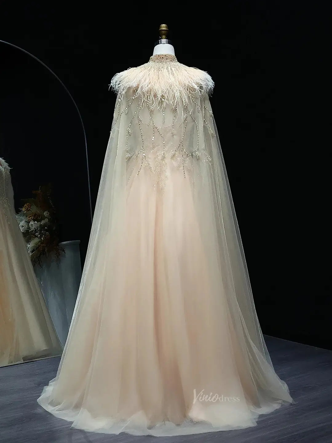 Beaded Champagne Prom Dresses with Cape A-line Wedding Dresses BD020-Evening Dresses 2025 -Viniodress-Champagne-US 2-
