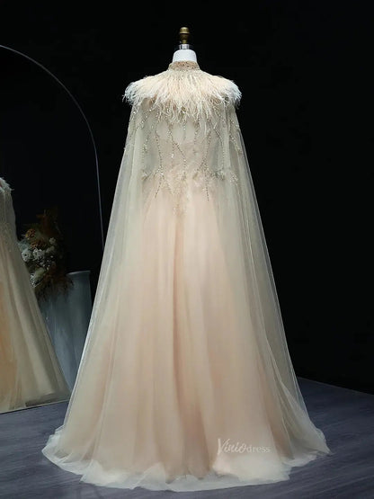 Beaded Champagne Prom Dresses with Cape A-line Wedding Dresses BD020-Evening Dresses 2025 -Viniodress-Champagne-US 2-