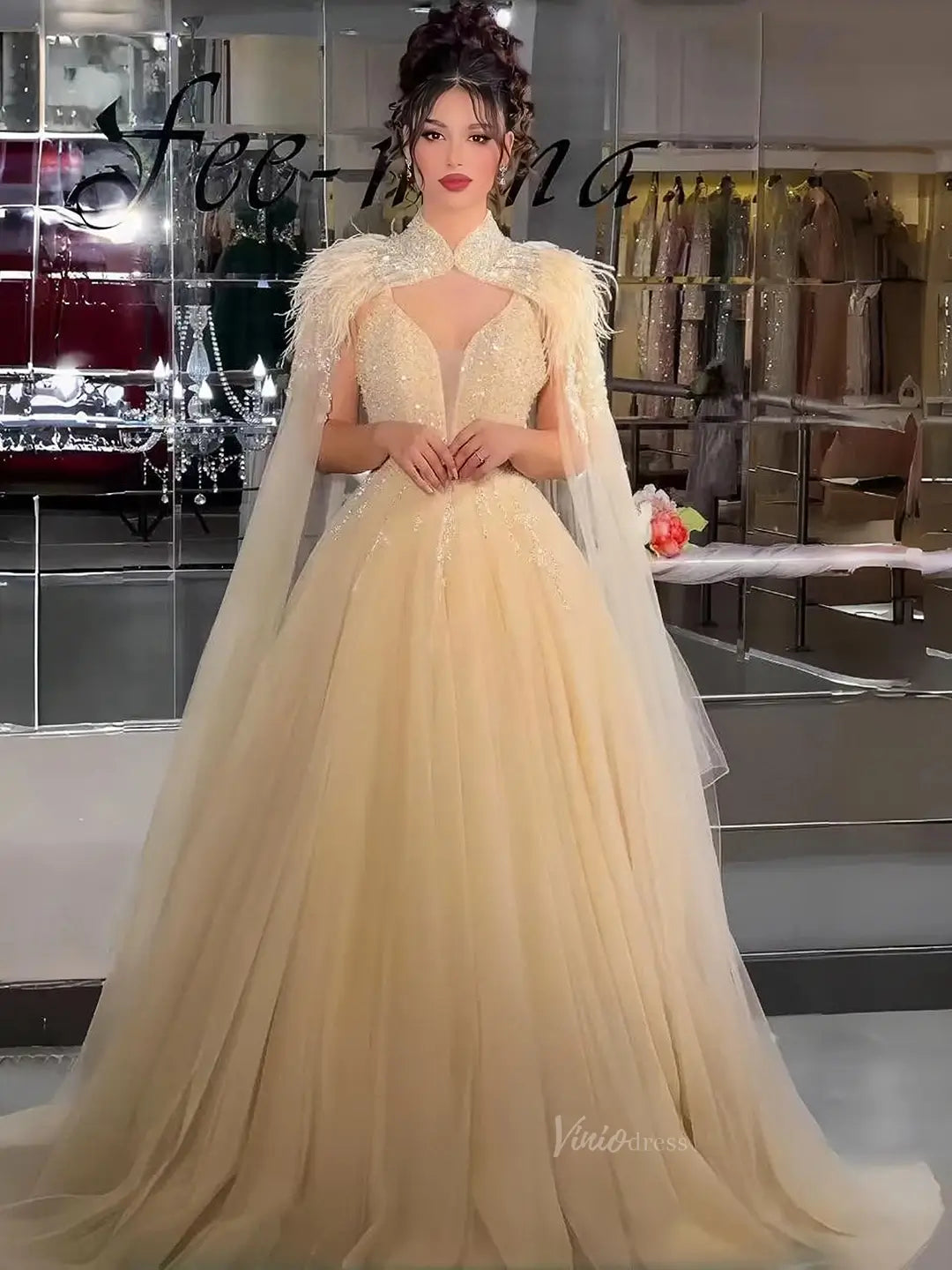 Beaded Champagne Prom Dresses with Cape A-line Wedding Dresses BD020-Evening Dresses 2025 -Viniodress-Champagne-US 2-
