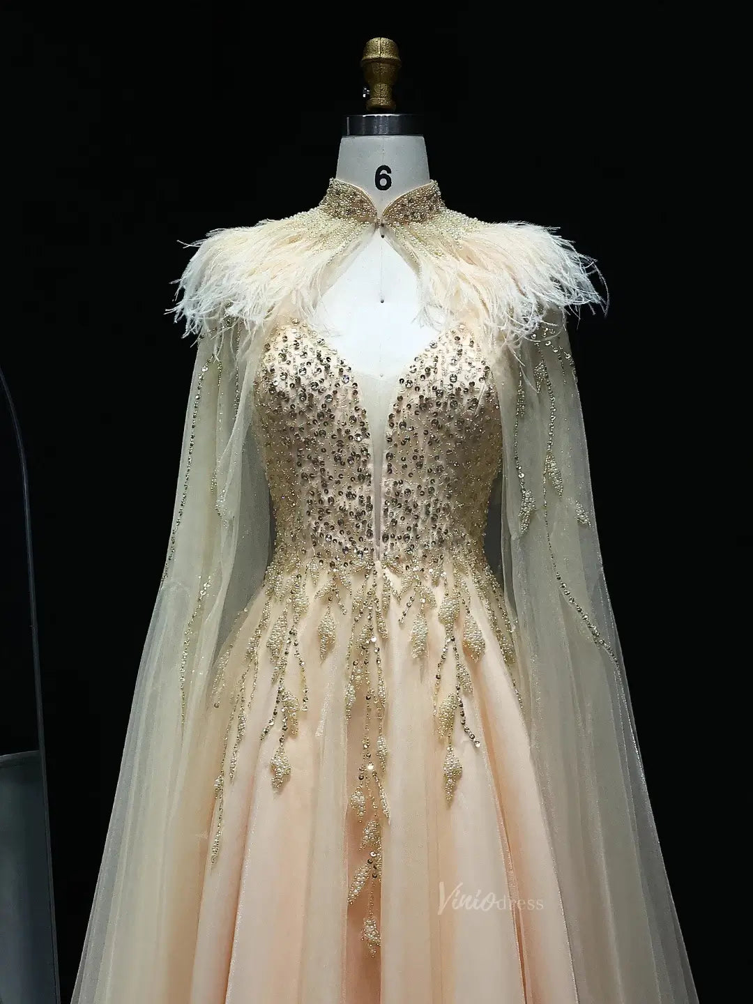 Beaded Champagne Prom Dresses with Cape A-line Wedding Dresses BD020-Evening Dresses 2025 -Viniodress-Champagne-US 2-