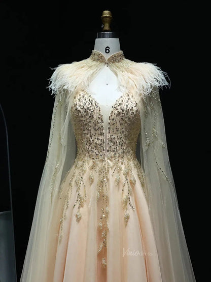 Beaded Champagne Prom Dresses with Cape A-line Wedding Dresses BD020-Evening Dresses 2025 -Viniodress-Champagne-US 2-