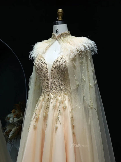 Beaded Champagne Prom Dresses with Cape A-line Wedding Dresses BD020-Evening Dresses 2025 -Viniodress-Champagne-US 2-