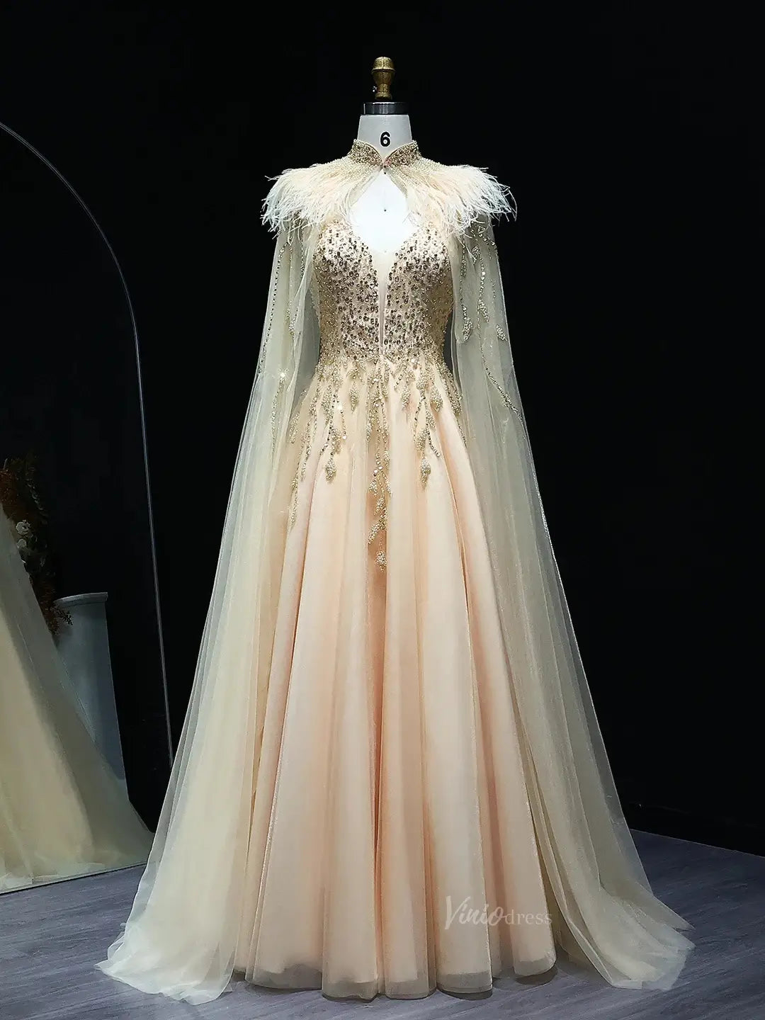 Beaded Champagne Prom Dresses with Cape A-line Wedding Dresses BD020-Evening Dresses 2025 -Viniodress-Champagne-US 2-