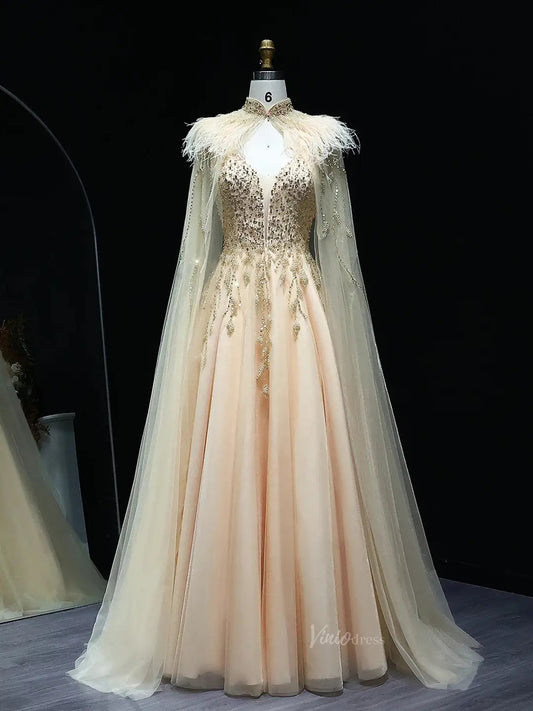 Beaded Champagne Prom Dresses with Cape A-line Wedding Dresses BD020-Evening Dresses 2025 -Viniodress-Champagne-US 2-