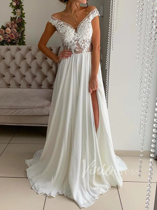 Beaded Chiffon Beach Wedding Dresses with Side Slit, Cap Sleeves VW1260-wedding dresses 2025 -Viniodress-Ivory-Custom Size-