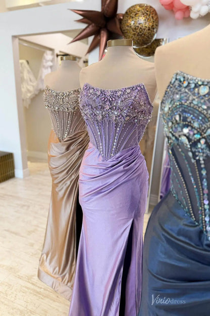 Beaded Corset Mermaid Prom Dress with Draped Satin Skirt & High Slit – SS166-prom dresses 2026-Viniodress-Dusty Blue-Custom Size-
