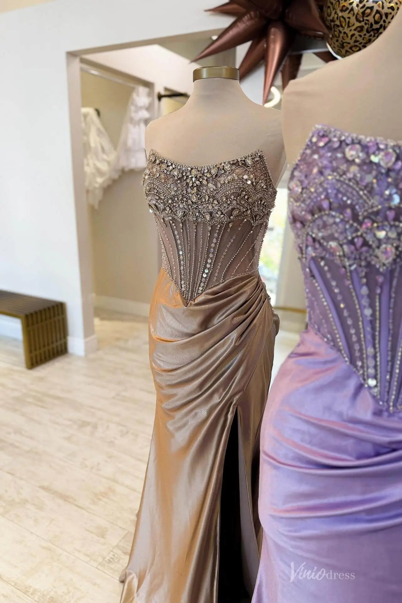 Beaded Corset Mermaid Prom Dress with Draped Satin Skirt & High Slit – SS166-prom dresses 2026-Viniodress-Dusty Blue-Custom Size-