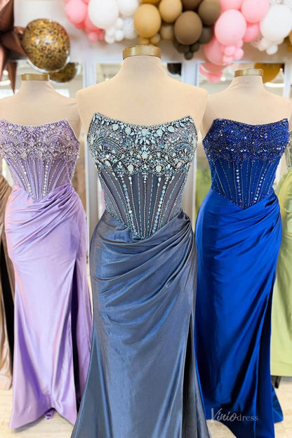 Beaded Corset Mermaid Prom Dress with Draped Satin Skirt & High Slit – SS166-prom dresses 2026-Viniodress-Dusty Blue-Custom Size-