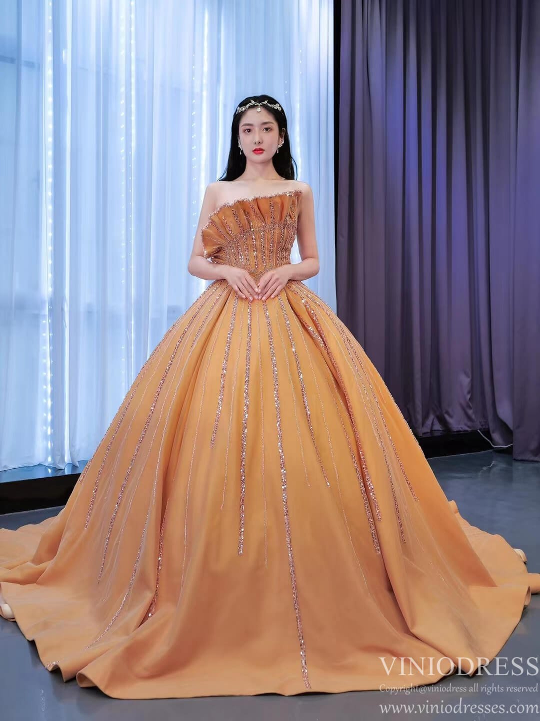 Beaded Dark Gold Prom Ball Gown Dress Vestidos De 15 Años viniodress-Quinceanera Dresses 2025 -Viniodress-Gold-Custom Size-