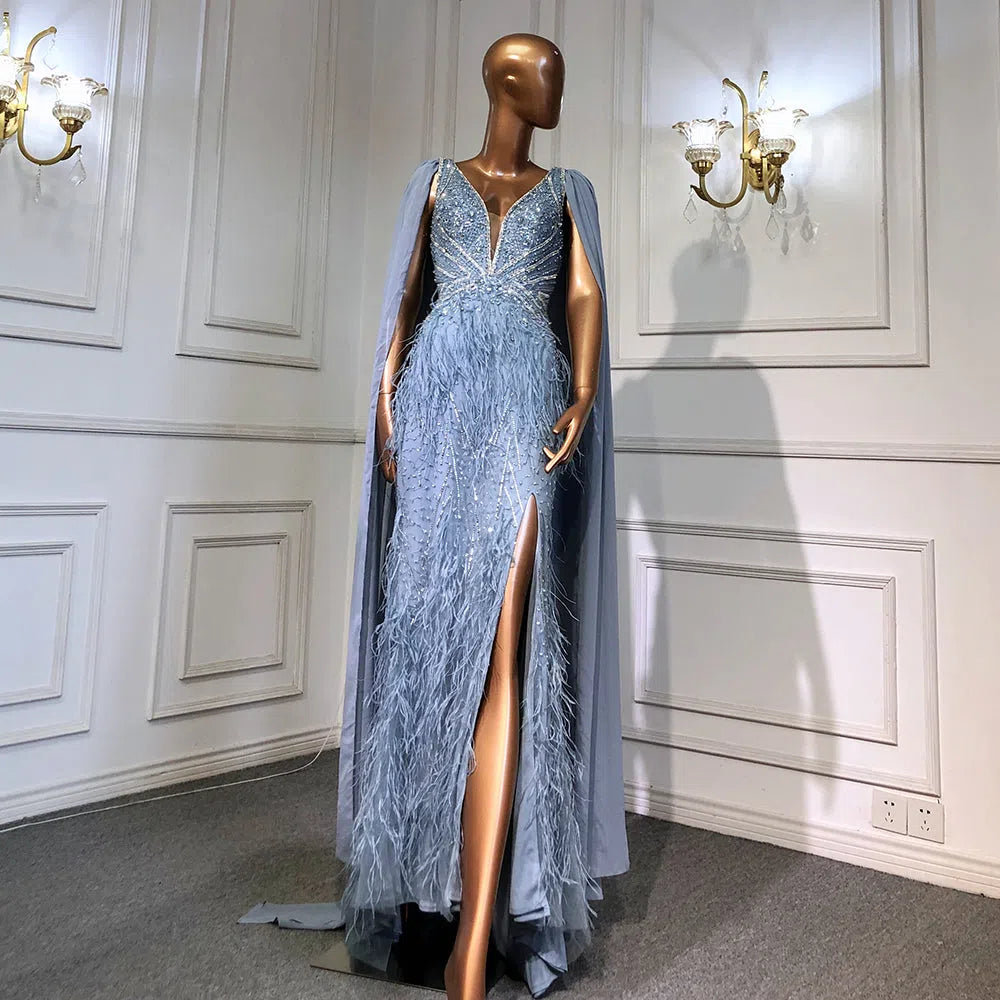 Prom Dress 2025 Beaded Dusty Blue Feather Evening Dress Removable CapeFD1425-unique prom dresses-Dusty Blue-US 2-Viniodress