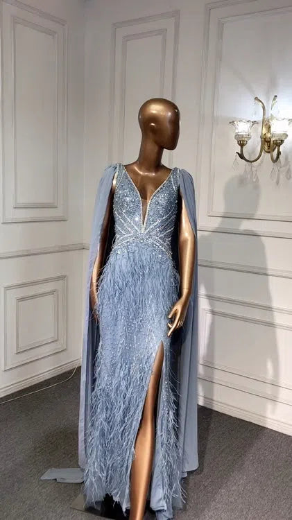 Beaded Dusty Blue Feather Evening Dress Removable CapeFD1425-prom dresses-Viniodress-Viniodress