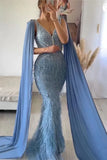 Beaded Dusty Blue Feather Evening Dress Removable CapeFD1425-prom dresses-Viniodress-Viniodress