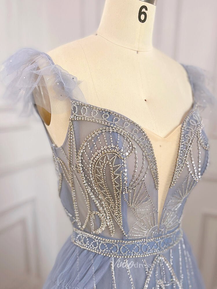 Beaded Dusty Blue Tulle Prom Dresses Plunging V-neck Formal Dress 20041-Evening Dresses 2025 -Viniodress-Dusty Blue-US 2-