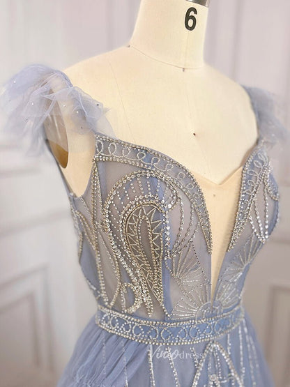 Beaded Dusty Blue Tulle Prom Dresses Plunging V-neck Formal Dress 20041-Evening Dresses 2025 -Viniodress-Dusty Blue-US 2-