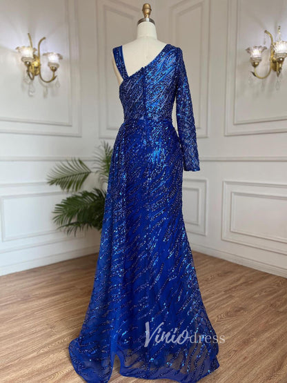 Beaded Evening Dress One Shoulder Long Sleeve Mermaid Prom Dresses 20034-Evening Dresses 2025 -Viniodress-As Picture-US 2-
