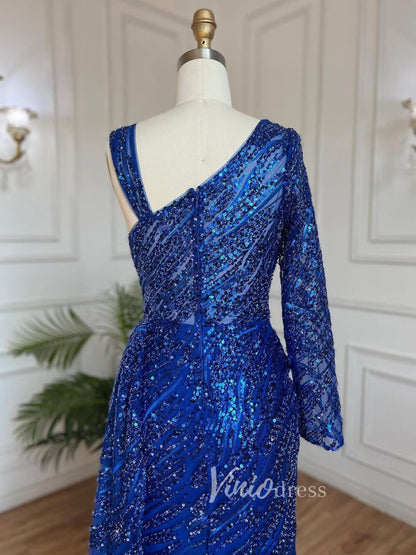 Beaded Evening Dress One Shoulder Long Sleeve Mermaid Prom Dresses 20034-Evening Dresses 2025 -Viniodress-As Picture-US 2-