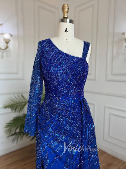 Beaded Evening Dress One Shoulder Long Sleeve Mermaid Prom Dresses 20034-Evening Dresses 2025 -Viniodress-As Picture-US 2-