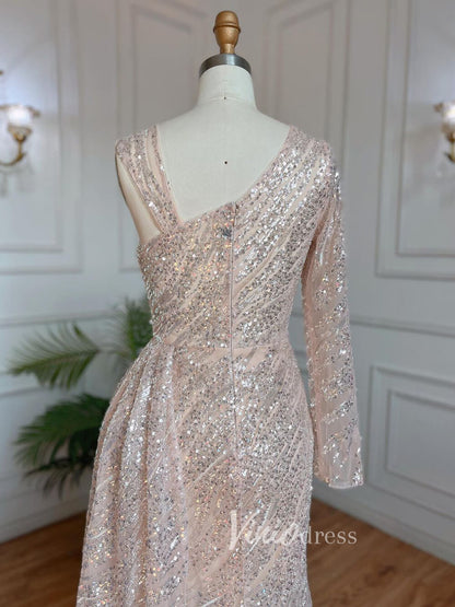 Beaded Evening Dress One Shoulder Long Sleeve Mermaid Prom Dresses 20034-Evening Dresses 2025 -Viniodress-As Picture-US 2-