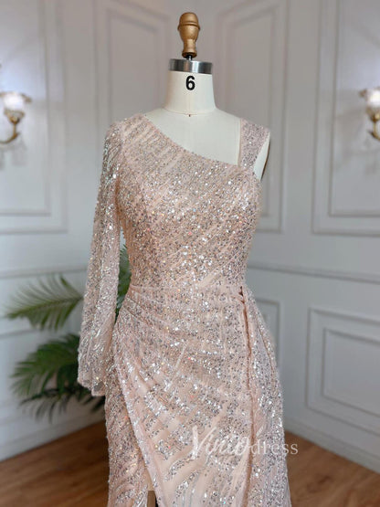 Beaded Evening Dress One Shoulder Long Sleeve Mermaid Prom Dresses 20034-Evening Dresses 2025 -Viniodress-As Picture-US 2-