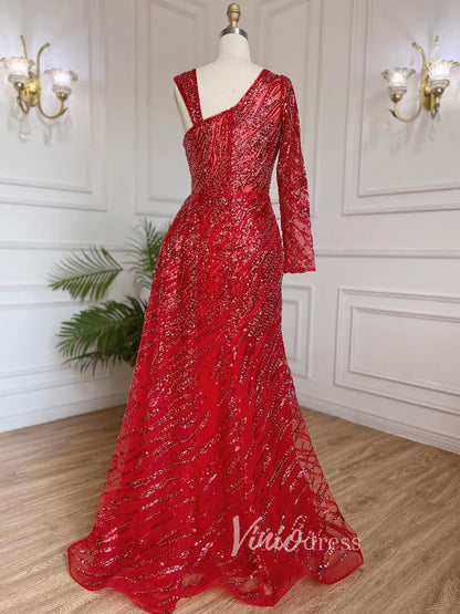 Beaded Evening Dress One Shoulder Long Sleeve Mermaid Prom Dresses 20034-Evening Dresses 2025 -Viniodress-As Picture-US 2-