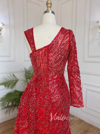 Beaded Evening Dress One Shoulder Long Sleeve Mermaid Prom Dresses 20034-Evening Dresses 2025 -Viniodress-As Picture-US 2-