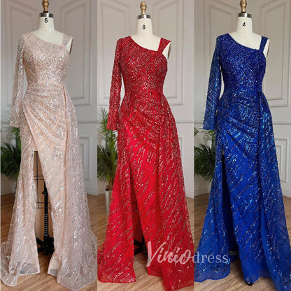 Beaded Evening Dress One Shoulder Long Sleeve Mermaid Prom Dresses 20034-Evening Dresses 2025 -Viniodress-As Picture-US 2-