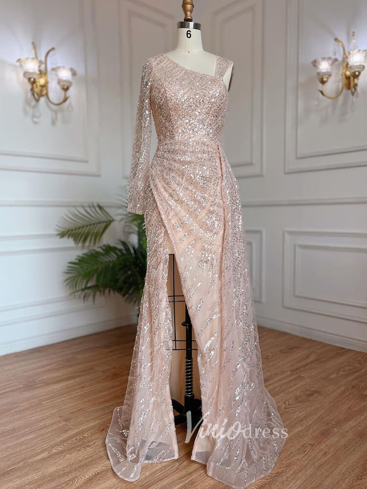 Beaded Evening Dress One Shoulder Long Sleeve Mermaid Prom Dresses 20034-Evening Dresses 2025 -Viniodress-Champagne-US 2-
