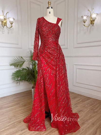 Beaded Evening Dress One Shoulder Long Sleeve Mermaid Prom Dresses 20034-Evening Dresses 2025 -Viniodress-Red-US 2-
