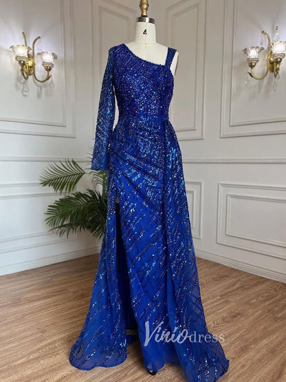 Beaded Evening Dress One Shoulder Long Sleeve Mermaid Prom Dresses 20034-Evening Dresses 2025 -Viniodress-Royal Blue-US 2-