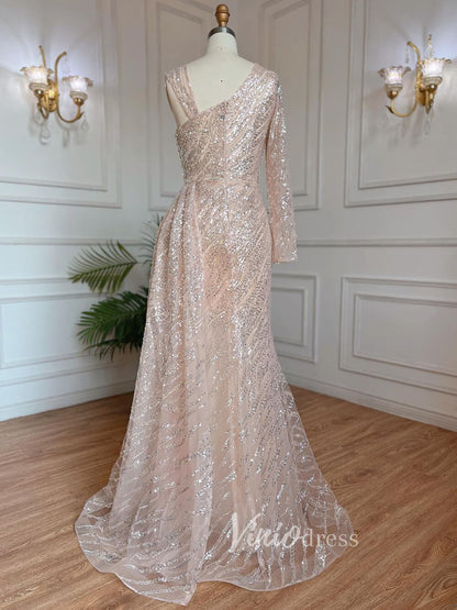 Beaded Evening Dress One Shoulder Long Sleeve Mermaid Prom Dresses 20034-Evening Dresses 2025 -Viniodress-As Picture-US 2-
