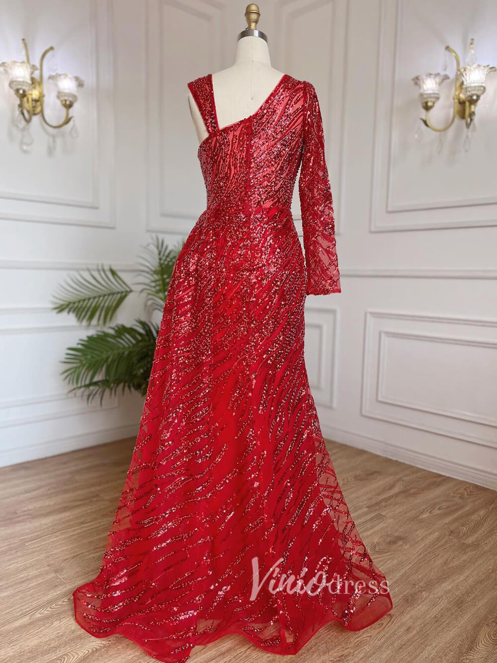 Beaded Evening Dress One Shoulder Long Sleeve Mermaid Prom Dresses 20034-Evening Dresses 2025 -Viniodress-As Picture-US 2-