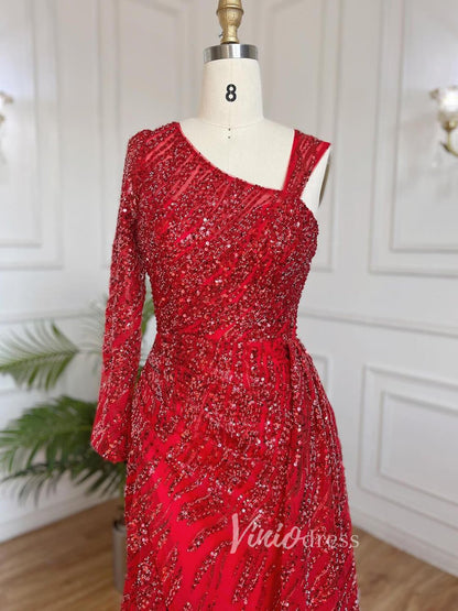 Beaded Evening Dress One Shoulder Long Sleeve Mermaid Prom Dresses 20034-Evening Dresses 2025 -Viniodress-As Picture-US 2-