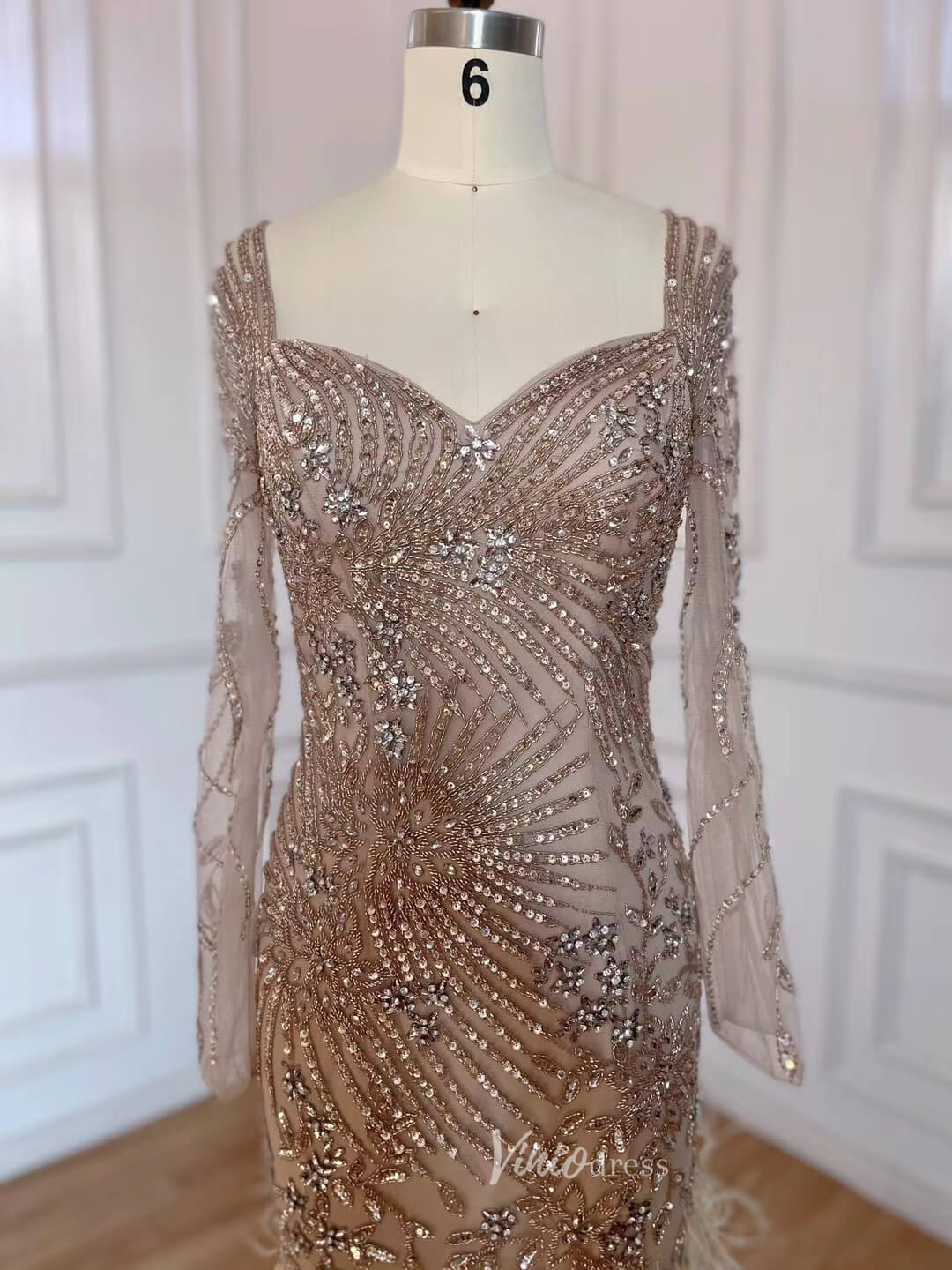 Prom Dress 2025 Beaded Feather 1920s Evening Dress Long Sleeve Prom Dresses 20061-unique prom dresses-As Picture-US 2-Viniodress