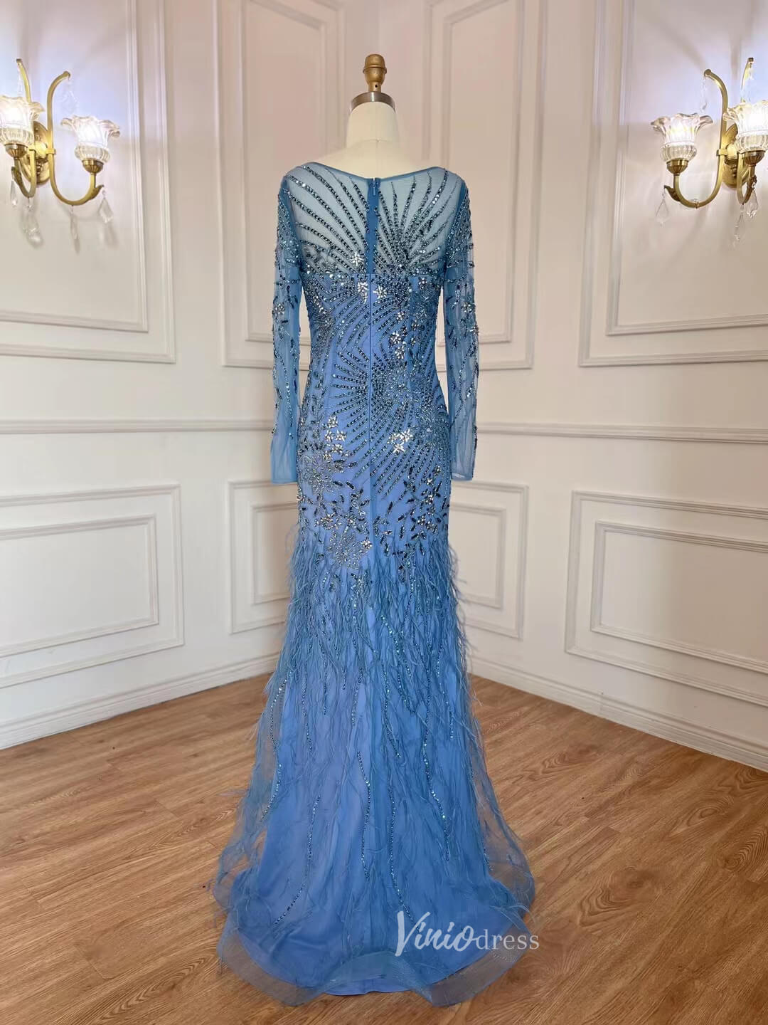 Prom Dress 2025 Beaded Feather 1920s Evening Dress Long Sleeve Prom Dresses 20061-unique prom dresses-As Picture-US 2-Viniodress