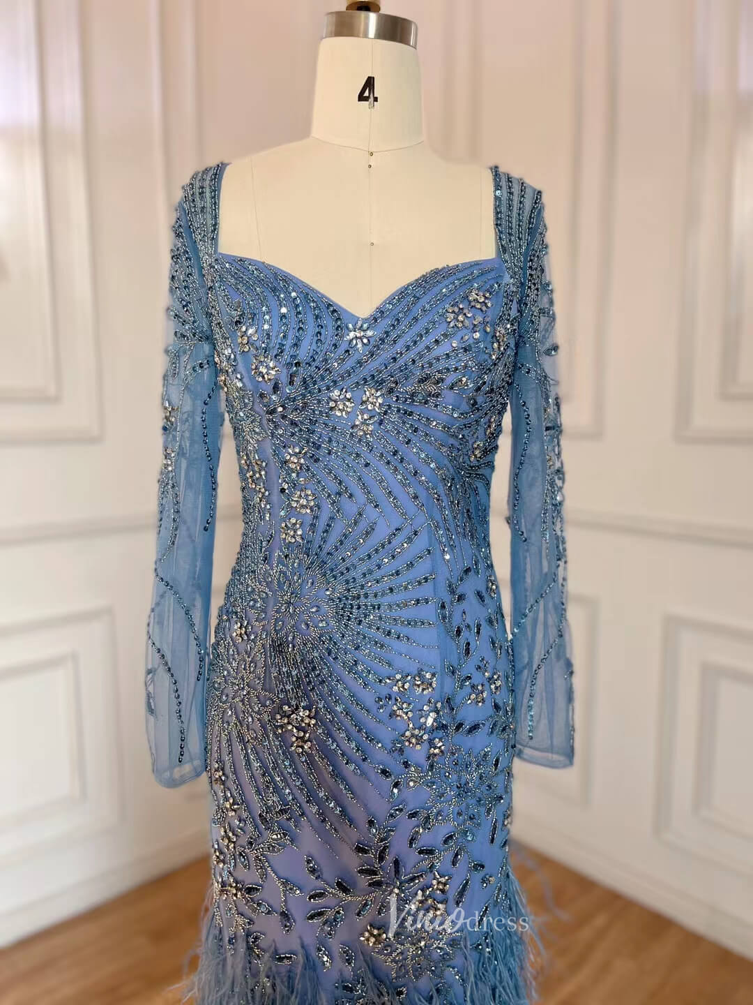 Prom Dress 2025 Beaded Feather 1920s Evening Dress Long Sleeve Prom Dresses 20061-unique prom dresses-Blue-US 2-Viniodress