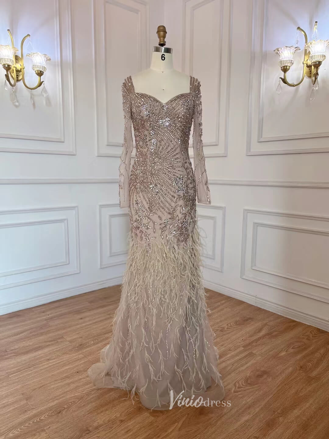 Prom Dress 2025 Beaded Feather 1920s Evening Dress Long Sleeve Prom Dresses 20061-unique prom dresses-Taupe-US 2-Viniodress