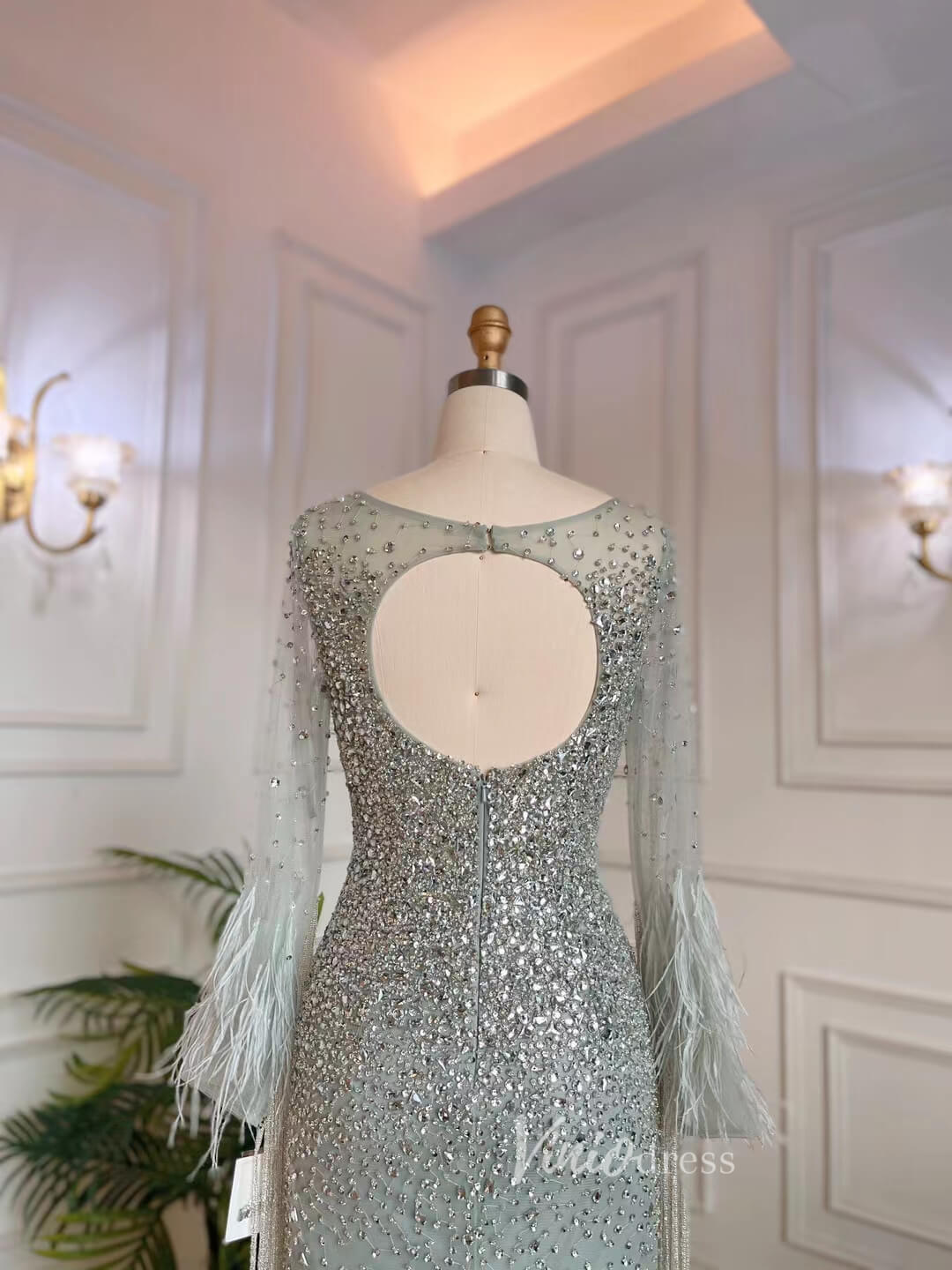 Beaded Feather 1920s Evening Dresses Long Sleeve Shimmer Prom Dress 20073-Evening Dresses 2025 -Viniodress-As Picture-US 2-