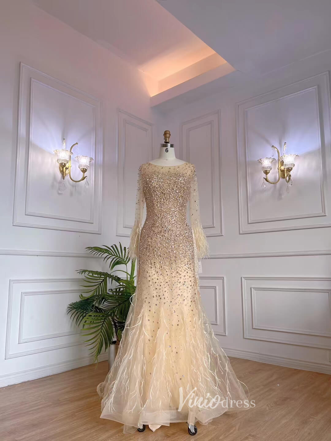 Beaded Feather 1920s Evening Dresses Long Sleeve Shimmer Prom Dress 20073-Evening Dresses 2025 -Viniodress-Gold-US 2-