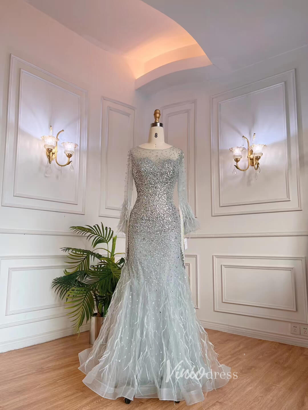 Beaded Feather 1920s Evening Dresses Long Sleeve Shimmer Prom Dress 20073-Evening Dresses 2025 -Viniodress-Grey-US 2-