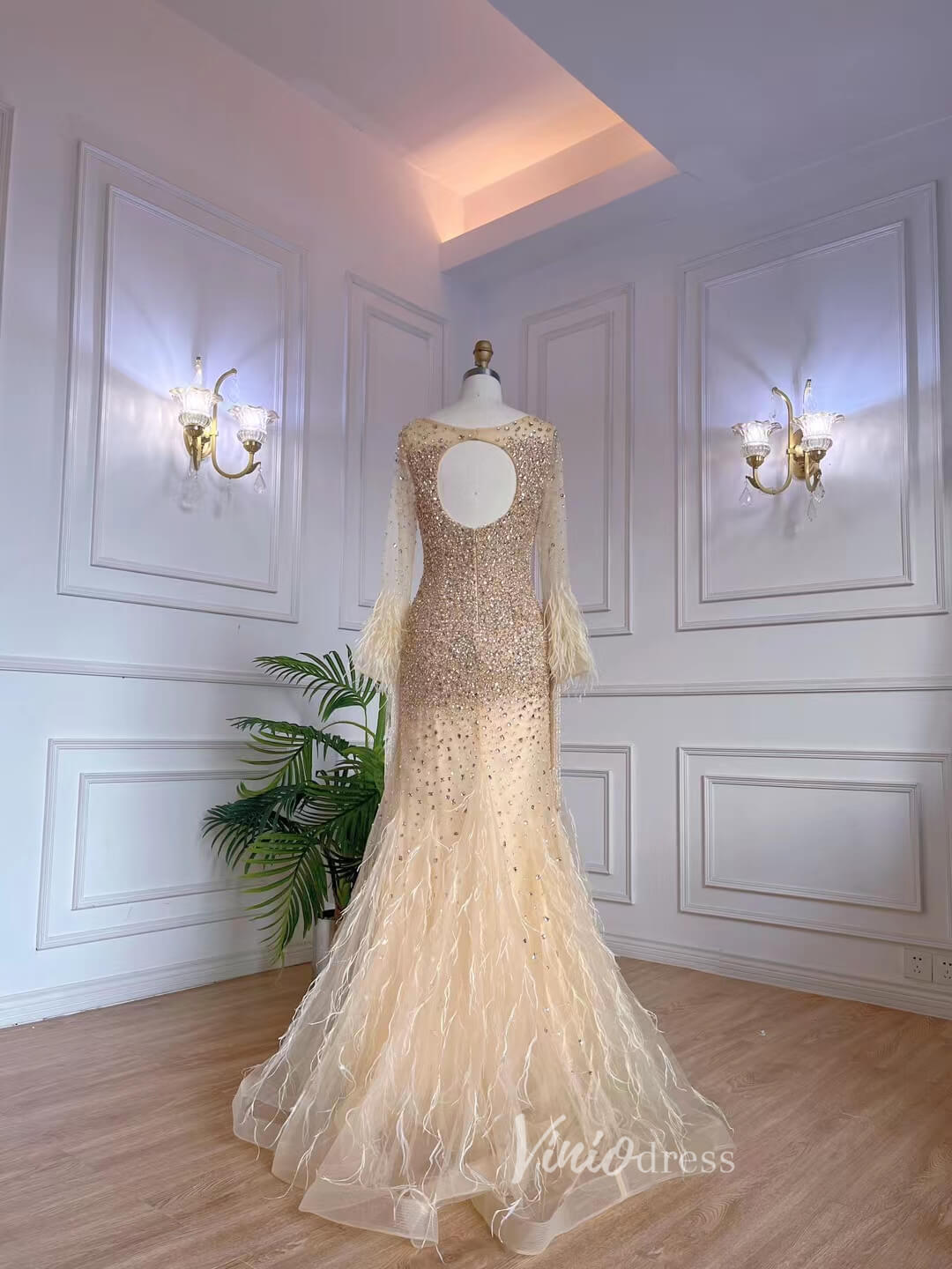 Beaded Feather 1920s Evening Dresses Long Sleeve Shimmer Prom Dress 20073-Evening Dresses 2025 -Viniodress-As Picture-US 2-