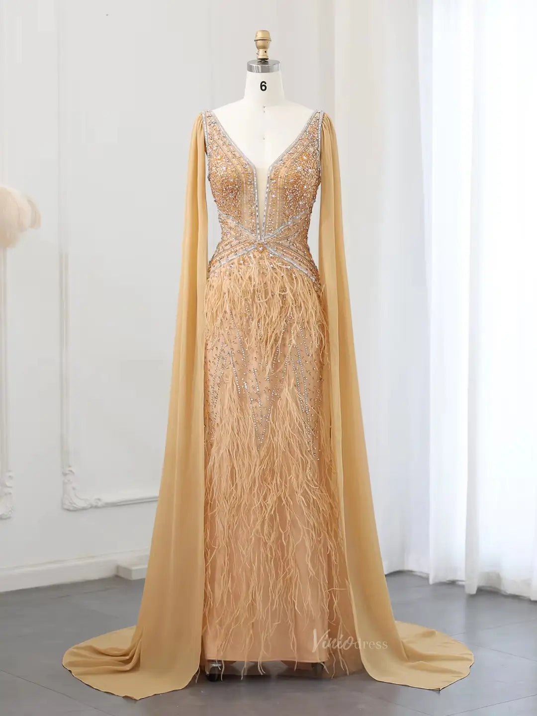 Beaded Feather Evening Dresses with Cape Sleeve Vintage Mermaid 1920s Formal Dresses 20003B-Evening Dresses 2025 -Viniodress-Gold-US 2-