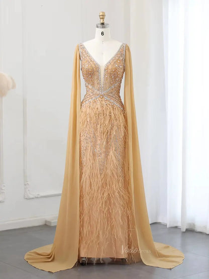 Beaded Feather Evening Dresses with Cape Sleeve Vintage Mermaid 1920s Formal Dresses 20003B-Evening Dresses 2025 -Viniodress-Gold-US 2-