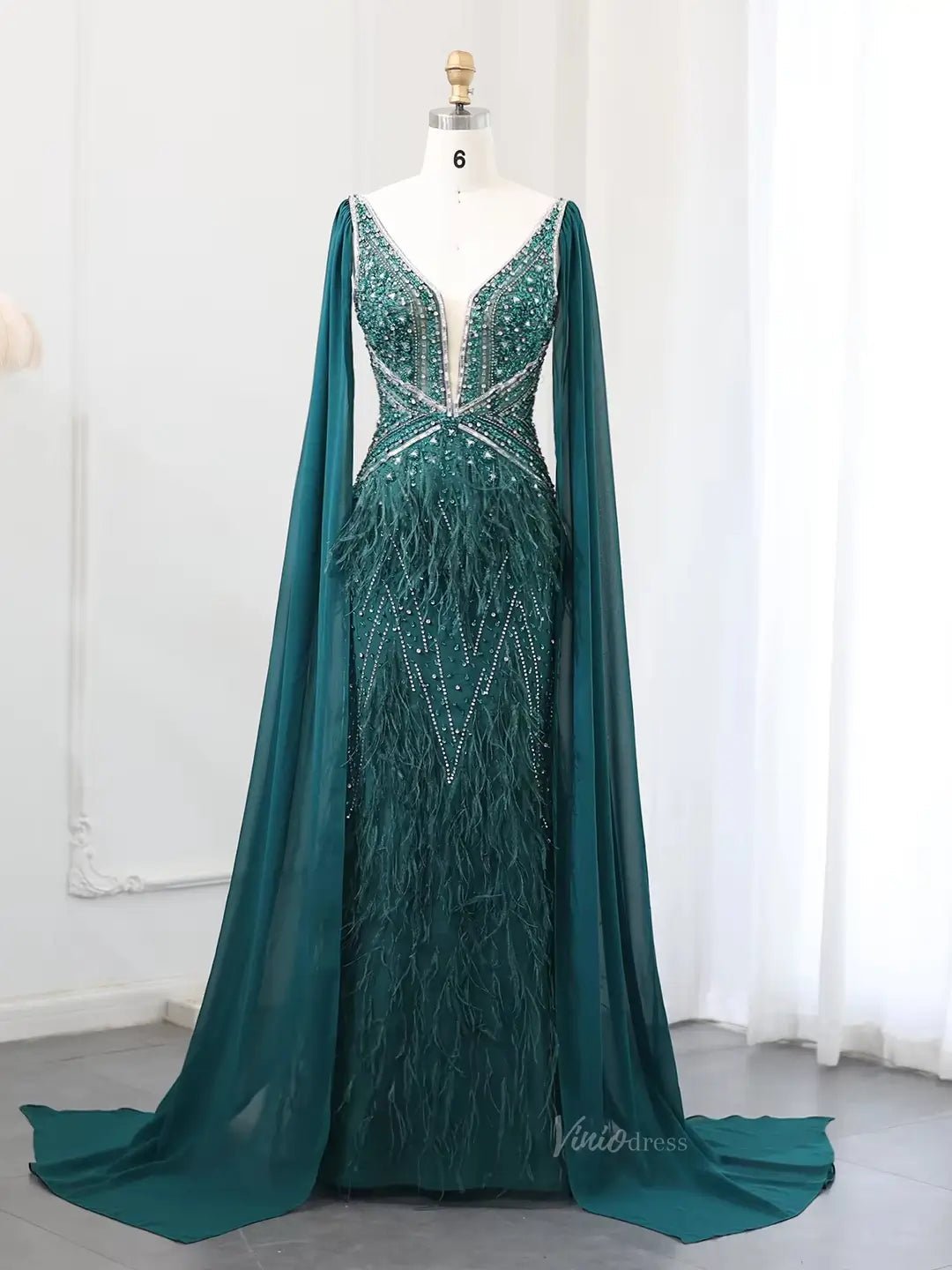 Beaded Feather Evening Dresses with Cape Sleeve Vintage Mermaid 1920s Formal Dresses 20003B-Evening Dresses 2025 -Viniodress-Green-US 2-