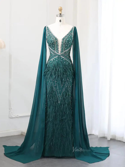 Beaded Feather Evening Dresses with Cape Sleeve Vintage Mermaid 1920s Formal Dresses 20003B-Evening Dresses 2025 -Viniodress-Green-US 2-
