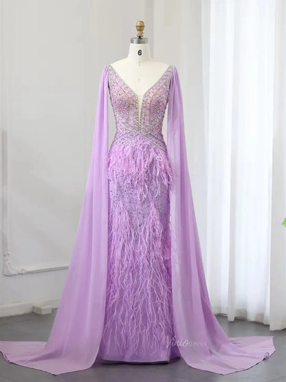 Beaded Feather Evening Dresses with Cape Sleeve Vintage Mermaid 1920s Formal Dresses 20003B-Evening Dresses 2025 -Viniodress-Lilac-US 2-