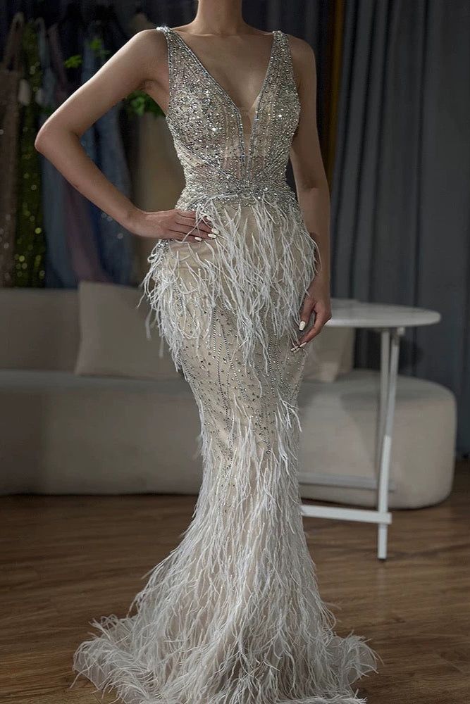 Beaded Feather Evening Dresses with Cape Sleeve Vintage Mermaid 1920s Formal Dresses 20003B-Evening Dresses 2025 -Viniodress-Nude-US 2-