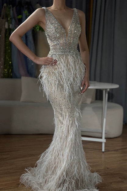 Beaded Feather Evening Dresses with Cape Sleeve Vintage Mermaid 1920s Formal Dresses 20003B-Evening Dresses 2025 -Viniodress-Nude-US 2-