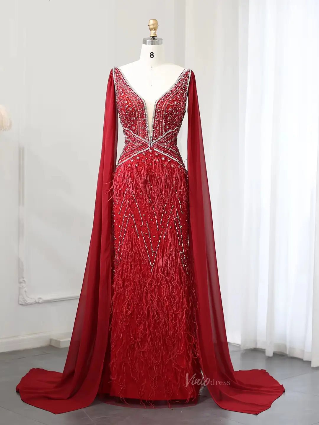 Beaded Feather Evening Dresses with Cape Sleeve Vintage Mermaid 1920s Formal Dresses 20003B-Evening Dresses 2025 -Viniodress-Red-US 2-